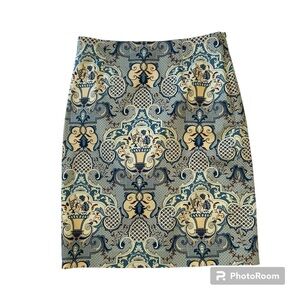 Talbots Blue and Pale Yellow Baroque Print Pencil Skirt Stretch Knee Length 6